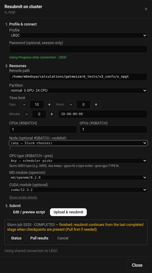 Cluster dialog